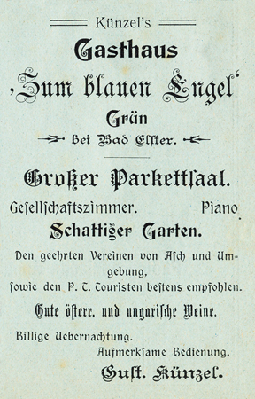 Inzerát na hostinec Zum blauen Engel z roku 1906