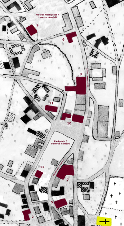 Ein Ausschnitt von der Rossbacher Ortskarte mit der Aufzeichnung von jeweiligen Gasthäuser