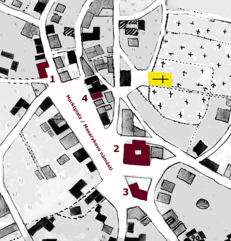 Ein Ausschnitt von der Rossbacher Ortskarte mit der Aufzeichnung von jeweiligen Gasthäuser