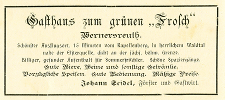 Inzerát na hostinec Zum grünen Frosch z roku 1906