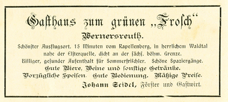 Inzerát na hostinec Zum grünen Frosch z roku 1906