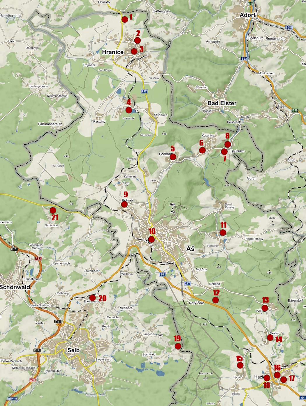 Mapa současných hostinců na Ašsku