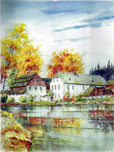 Mähringer Mühle auf dem Aquarell von Ruth Willisch