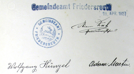 Obecní úřední razítko z kroniky obce FriedersreuthStempel