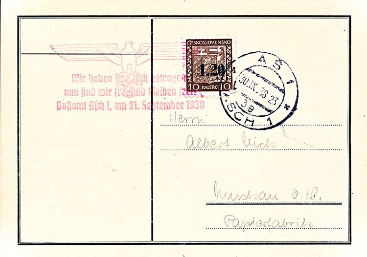 Pohlednice Asch 1938 Pohlednice Asch 1938